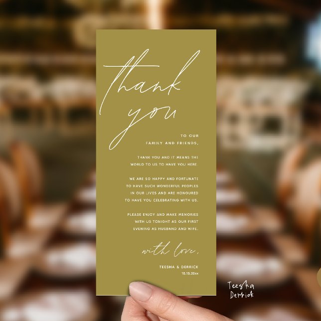 Cartão de Agradecimento para Jantar de Recepção de (Modern Wedding Reception Dinner Lunch Brunch Party Thank You Card in yellow gold)