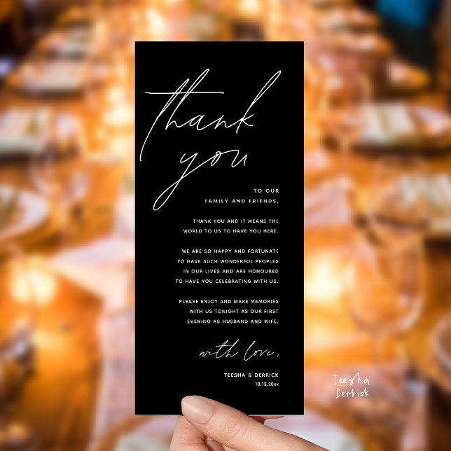 Cartão de Agradecimento para Jantar de Recepção de (Modern Wedding Reception Dinner Lunch Brunch Party Thank You Card in white black)