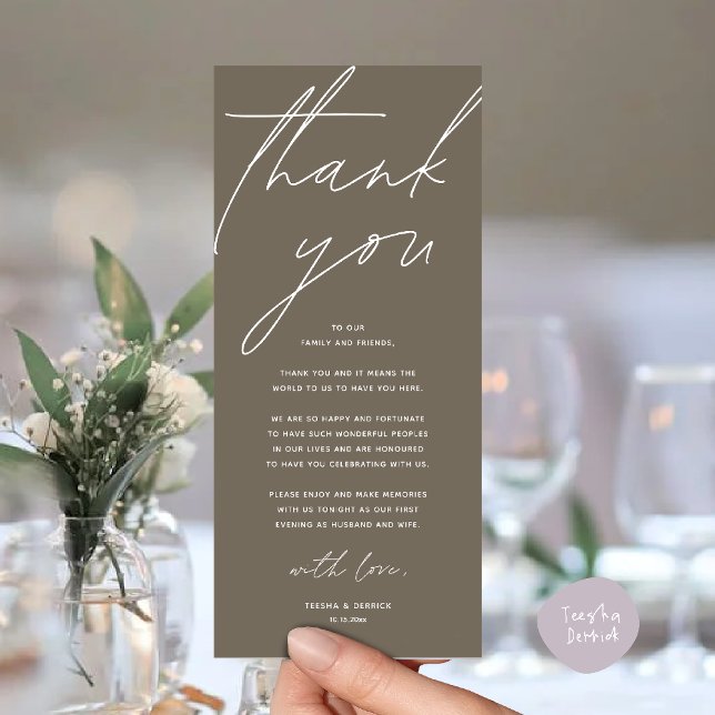 Cartão de Agradecimento para Jantar de Recepção de (Modern Wedding Reception Dinner Lunch Brunch Party Thank You Card in warm taupe brown)
