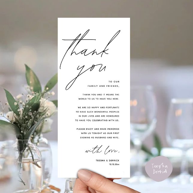 Cartão de Agradecimento para Jantar de Recepção de (Modern Wedding Reception Dinner Lunch Brunch Party Thank You Card in black and white)