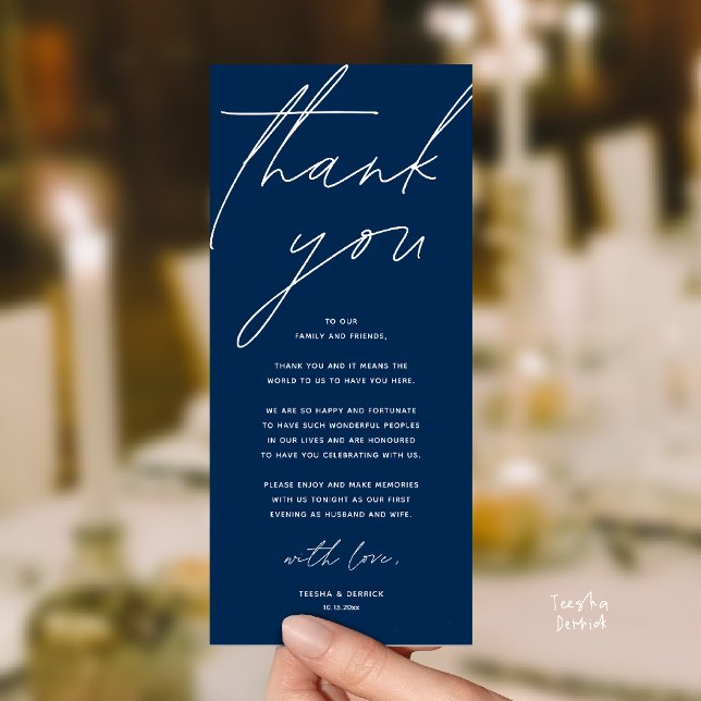 Cartão de Agradecimento para Jantar de Recepção de (Modern Wedding Reception Dinner Lunch Brunch Party Thank You Card in navy blue)
