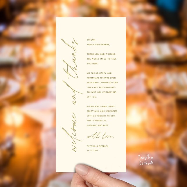 Cartão de Agradecimento para Jantar de Recepção de (Welcome and thanks, Modern Wedding Reception Dinner Thank You card, family friends in yellow gold)