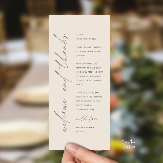 Cartão de Agradecimento para Jantar de Recepção de (Welcome and thanks, Modern Wedding Reception Dinner Thank You card, family friends in cream grey)