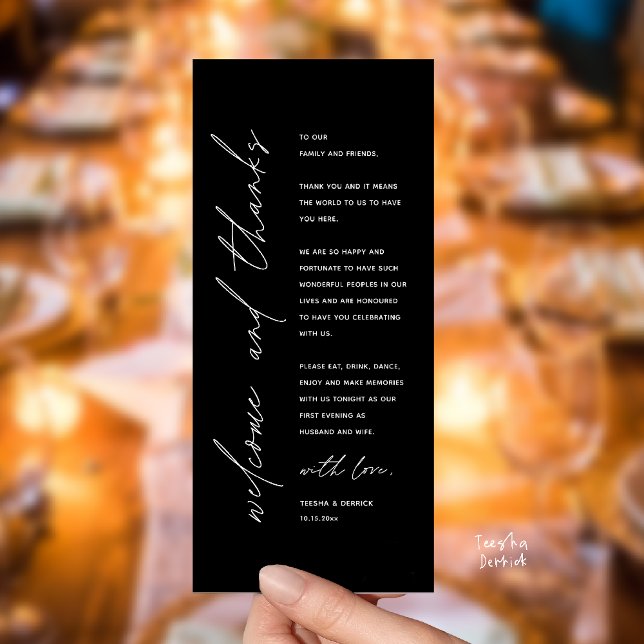 Cartão de Agradecimento para Jantar de Recepção de (Welcome and thanks, Modern Wedding Reception Dinner Thank You card, family friends in white black)