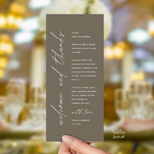 Cartão de Agradecimento para Jantar de Recepção de (Welcome and thanks, Modern Wedding Reception Dinner Thank You card, family friends in warm taupe)