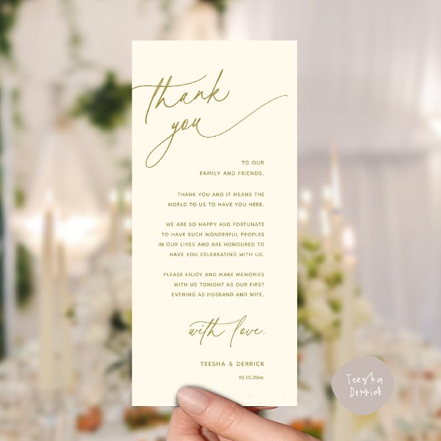 Cartão de Agradecimento para Jantar de Recepção de (Romantic Wedding Reception Dinner Thank You Card in Yellow Gold)