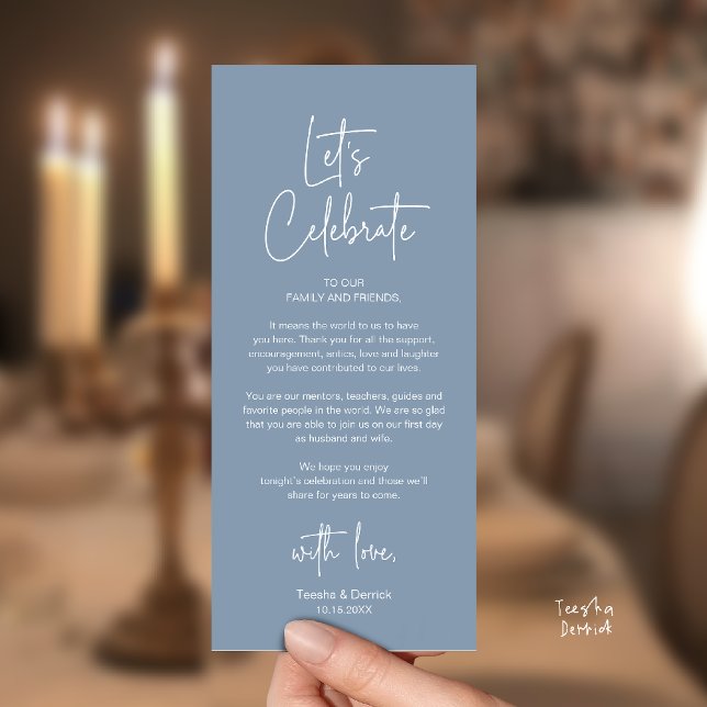 Cartão de Agradecimento para Jantar de Recepção de (Modern Classy Wedding Reception Dinner Thank You Card in Dusty Blue)
