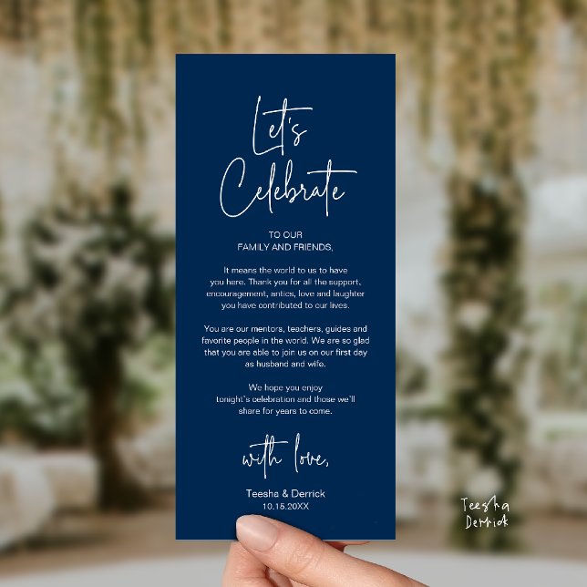 Cartão de Agradecimento para Jantar de Recepção de (Modern Classy Wedding Reception Dinner Thank You Card in Navy Blue)