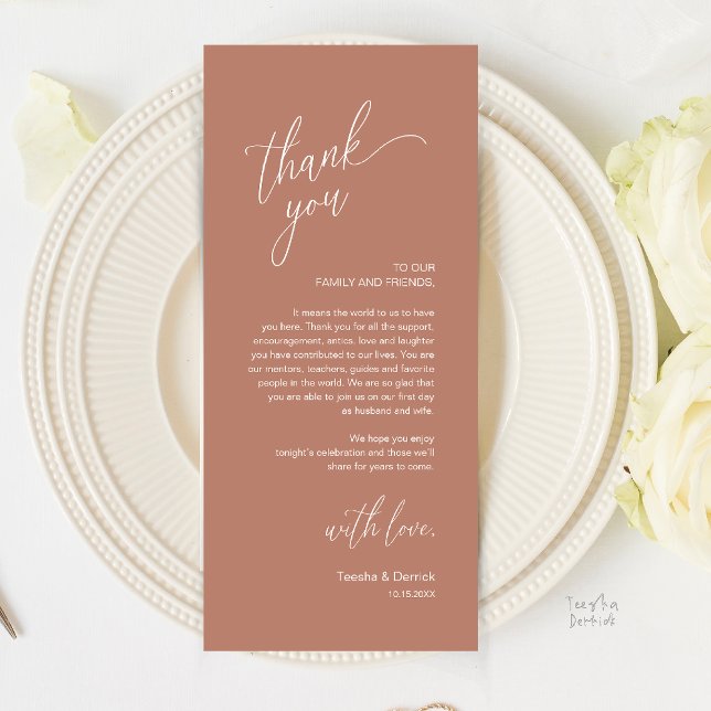 Cartão de Agradecimento para Jantar de Recepção de (Modern Wedding Reception Dinner Thank You Card in rustic terracotta brown)
