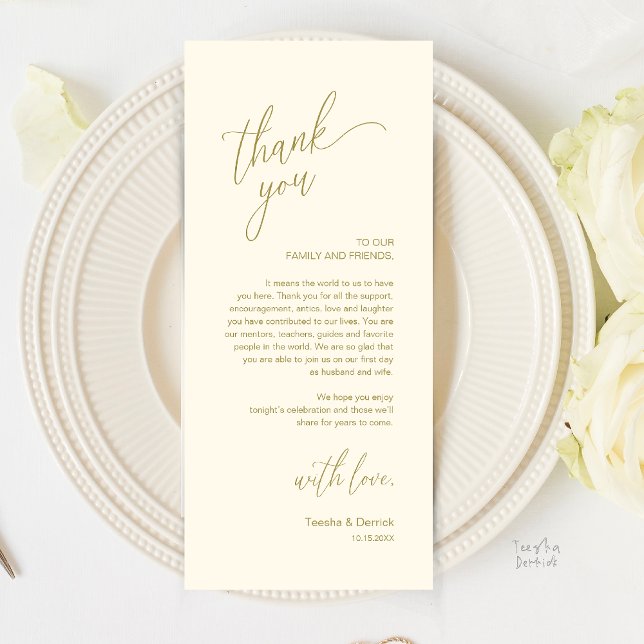 Cartão de Agradecimento para Jantar de Recepção de (Modern Wedding Reception Dinner Thank You Card in Yellow gold)