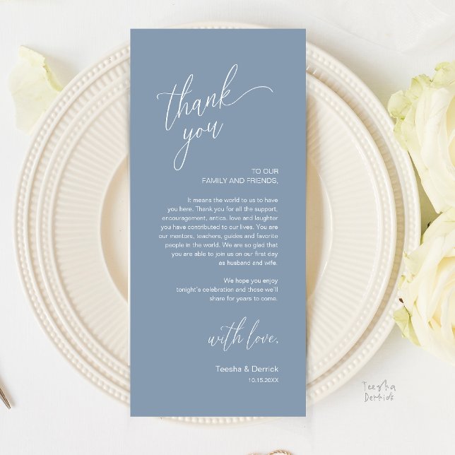 Cartão de Agradecimento para Jantar de Recepção de (Modern Wedding Reception Dinner Thank You Card in Dusty Blue)