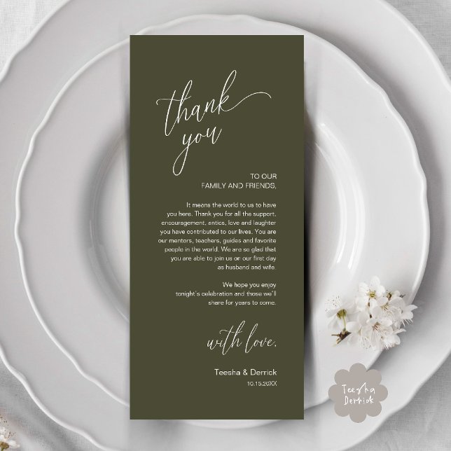 Cartão de Agradecimento para Jantar de Recepção de (Modern Wedding Reception Dinner Thank You Card in Olive Green)