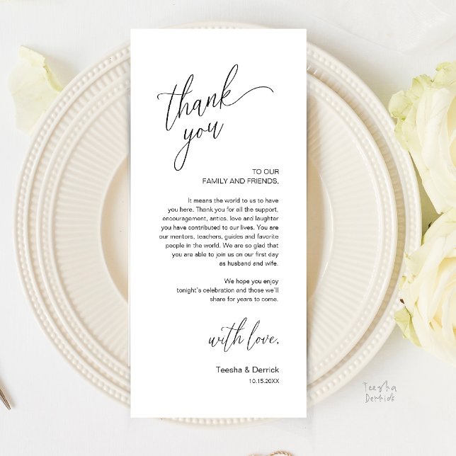 Cartão de Agradecimento para Jantar de Recepção de (Modern Wedding Reception Dinner Thank You Card in Black and White)