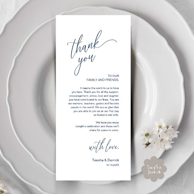 Cartão de Agradecimento para Jantar de Recepção de (Modern Wedding Reception Dinner Thank You Card in Navy Blue)