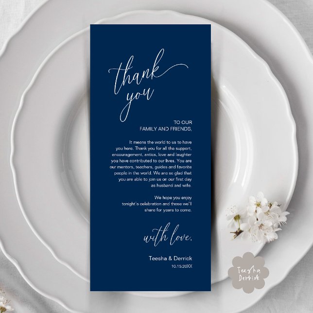 Cartão de Agradecimento para Jantar de Recepção de (Modern Wedding Reception Dinner Thank You Card in Navy Blue)