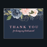 Cartão de agradecimento para madrinha de casamento<br><div class="desc">Este design apresenta flores rosa Navy e blossom em um fundo azul Navy.</div>