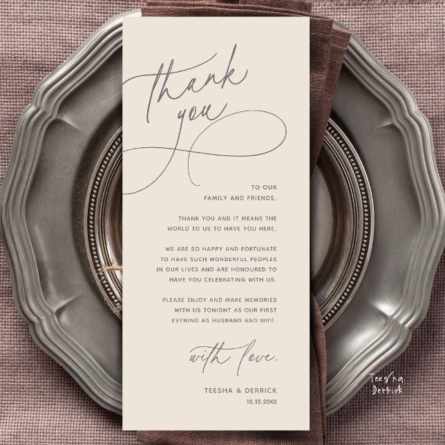 Cartão de Agradecimento para Recepção de Casamento (Modern Romantic Wedding Reception Dinner Lunch Brunch Thank You Card in Cream grey)