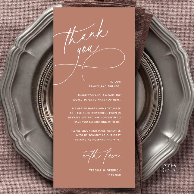 Cartão de Agradecimento para Recepção de Casamento (Modern Romantic Wedding Reception Dinner Lunch Brunch Thank You Card in Terracotta Earthy Brown)
