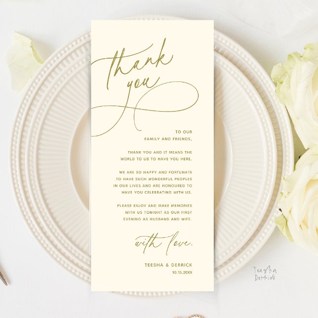 Cartão de Agradecimento para Recepção de Casamento (Modern Romantic Wedding Reception Dinner Lunch Brunch Thank You Card in Yellow gold)