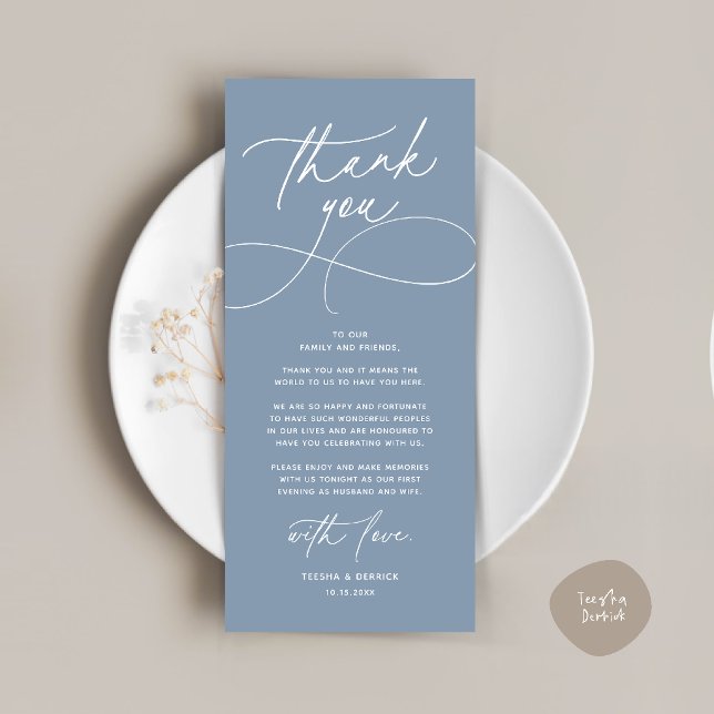Cartão de Agradecimento para Recepção de Casamento (Romantic Modern Wedding Reception Dinner Thank You Card in dusty blue)