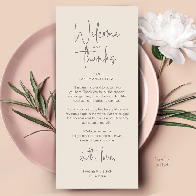 Cartão de Agradecimento para Recepção de Casamento (Modern Minimalist Wedding Reception Thank You Dinner Lunch Brunch Party Card in Cream Grey)