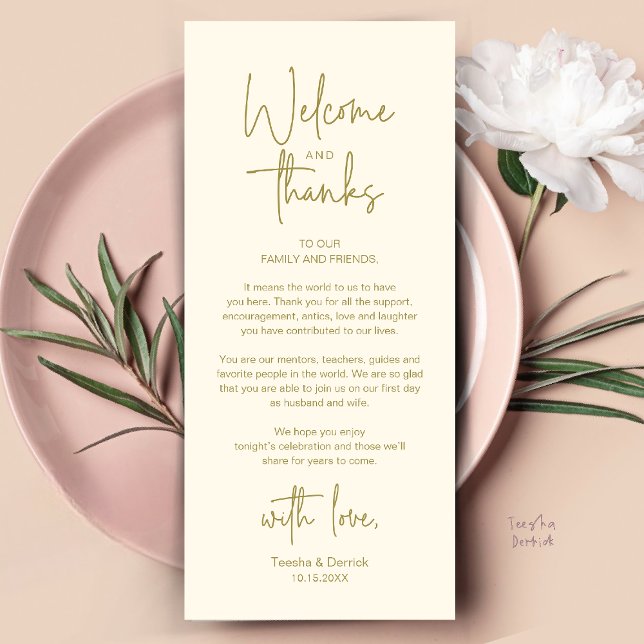Cartão de Agradecimento para Recepção de Casamento (Modern Minimalist Wedding Reception Thank You Dinner Lunch Brunch Party Card in Yellow Gold)