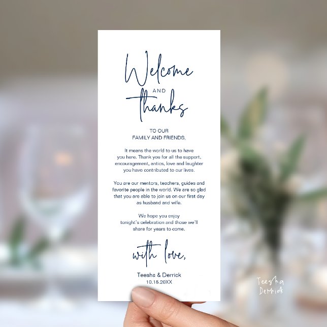 Cartão de Agradecimento para Recepção de Casamento (Modern Minimalist Wedding Reception Thank You Dinner Lunch Brunch Party Card in Navy Blue)