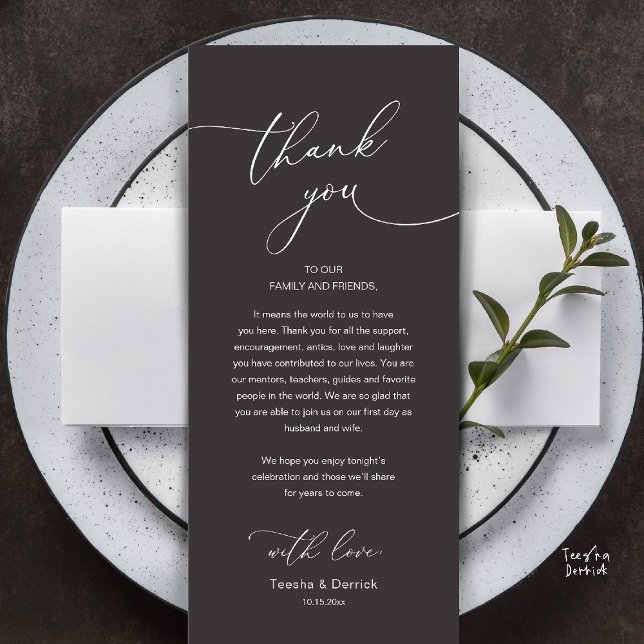 Cartão de Agradecimento para Recepção de Casamento (Modern Romantic Wedding Reception Thank You Card, plate decoration, in Classy Charcoal Dark Grey)