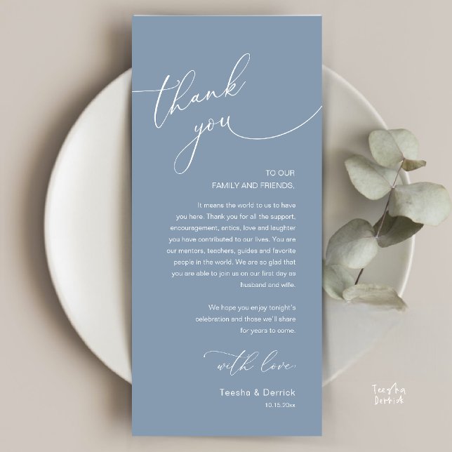 Cartão de Agradecimento para Recepção de Casamento (Modern Romantic Wedding Reception Thank You Card, plate decoration, in Dusty Blue)