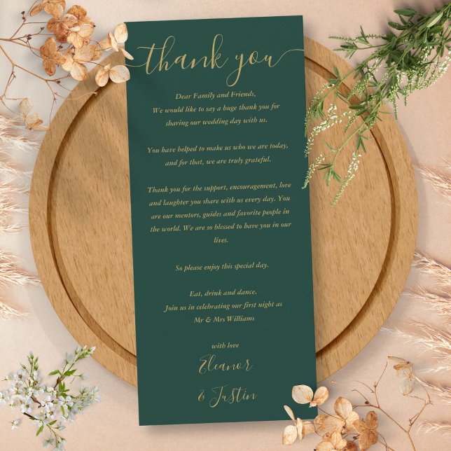Cartão de Agradecimento para Recepção de Casamento (Green Gold Wedding Reception Thank You Place Card)