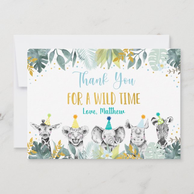 Cartão De Agradecimento Parceiro Animal Azul Dourado Safari Aniversário Ob (Frente)