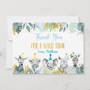 Cartão De Agradecimento Parceiro Animal Azul Dourado Safari Aniversário Ob