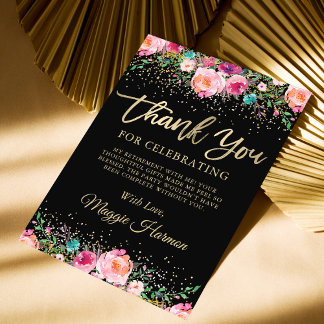 Cartão De Agradecimento Partido Dourado da Surpresa Floral Negra