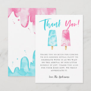 Cartão De Agradecimento Partido Revelador do Gênero do Picolé Rosa e Azu