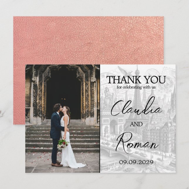 Cartão De Agradecimento Passaporte de Paris rosa Dourado (Frente/Verso)