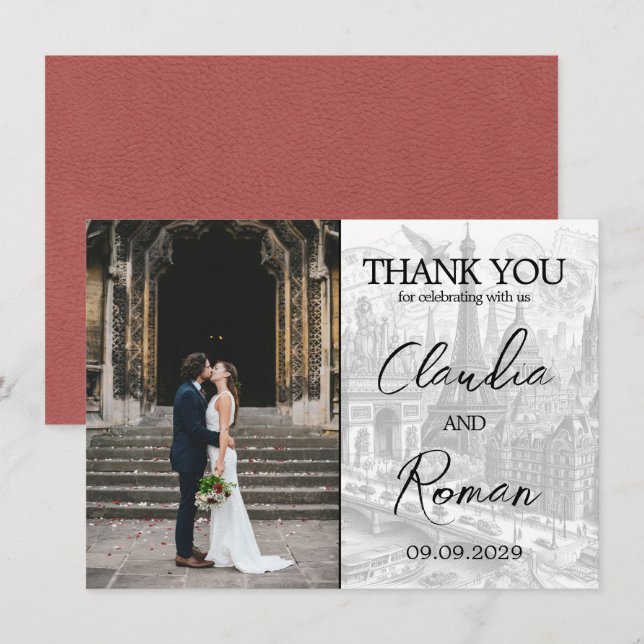 Cartão De Agradecimento Passaporte Paris Light Burgundy (Frente/Verso)