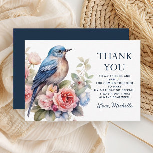 Cartão De Agradecimento Pássaro Azul Flores Rosa Aniversário Obrigado