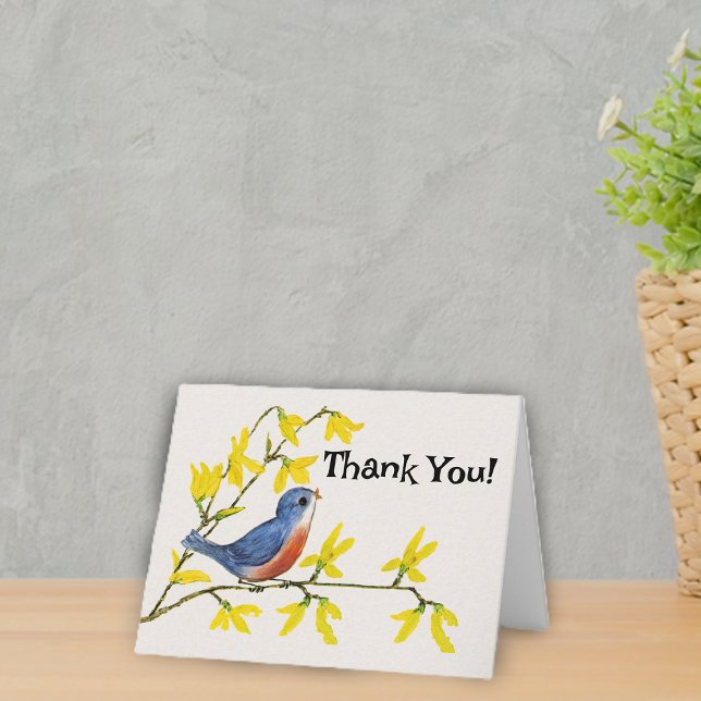 Cartão De Agradecimento Pássaro Vermelho Doce nas Flores de Ramificação (Sweet red and blue bird on branch with bright yellow flowers on white Thank You card.)