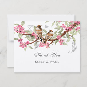 Cartão De Agradecimento Pássaros de Casamento Vintage Rosa e Cinza RSVP