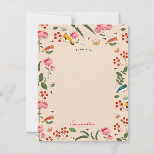 Cartão De Agradecimento Pássaros Florais De Mão Abelhas Padrão Botânico