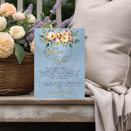 Cartão De Agradecimento Pastel Blue - Floral & Gold Tiara Quinceanera