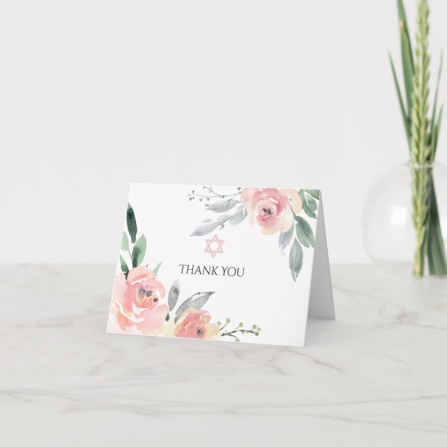 Cartão De Agradecimento Pastel Blush Floral Rosa Bat Mitzvah Obrigado Carr (Frente)