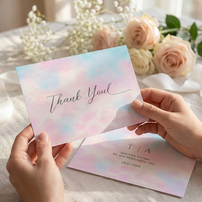Cartão de Agradecimento Pastel Romântico - Rosa Su (#WeddingThankYouCard
#PastelWedding
#RomanticWedding
#BlushAndBlue
#WatercolorWedding
#ElegantStatio)