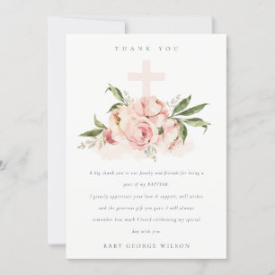 Cartão De Agradecimento Pastel Soft Peach Peony Floral Cross Baptism