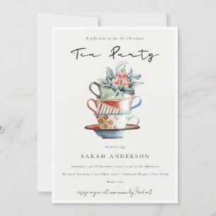 Cartão De Agradecimento Pastel Stacked Cups Christmas Tea Party Invite