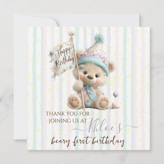 Cartão De Agradecimento Pastel Teddy Bear Birthday  (Frente)