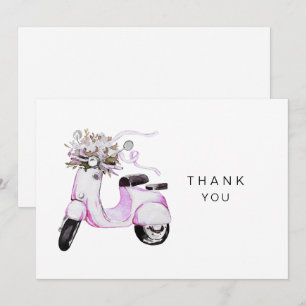 Cartão De Agradecimento Patinete Rosa Floral de Cores Aquáticas Personaliz