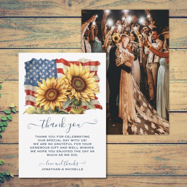 Cartão De Agradecimento Patriótica Americana Bandeira Sunflower FOTO (Patriotic American Flag Sunflower Wedding PHOTO Thank You Card)