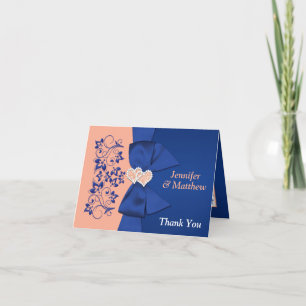 Cartão De Agradecimento Peach, Casamento Floral Real Azul Obrigado Nota
