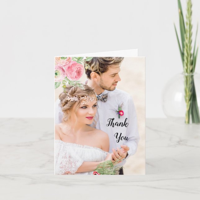 Cartão De Agradecimento Peach e Green Floral Photo Weding Obrigado (Frente)